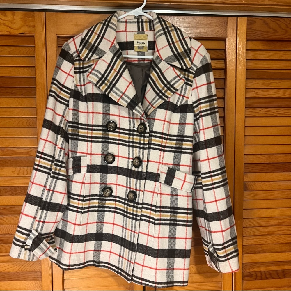 Fossil Women's Checkered Peacoat - size: L